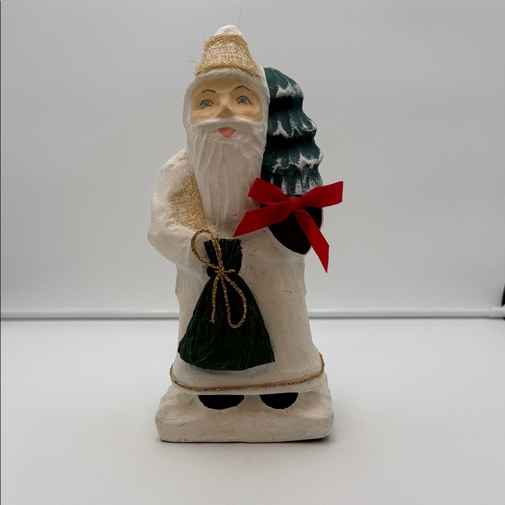 Source Unknown White and Green Paper Mache Santa Figurine